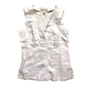 David Brooks Womens White 100% Linen Sleeveless Ruffle Trim V-Neck Blouse Size M